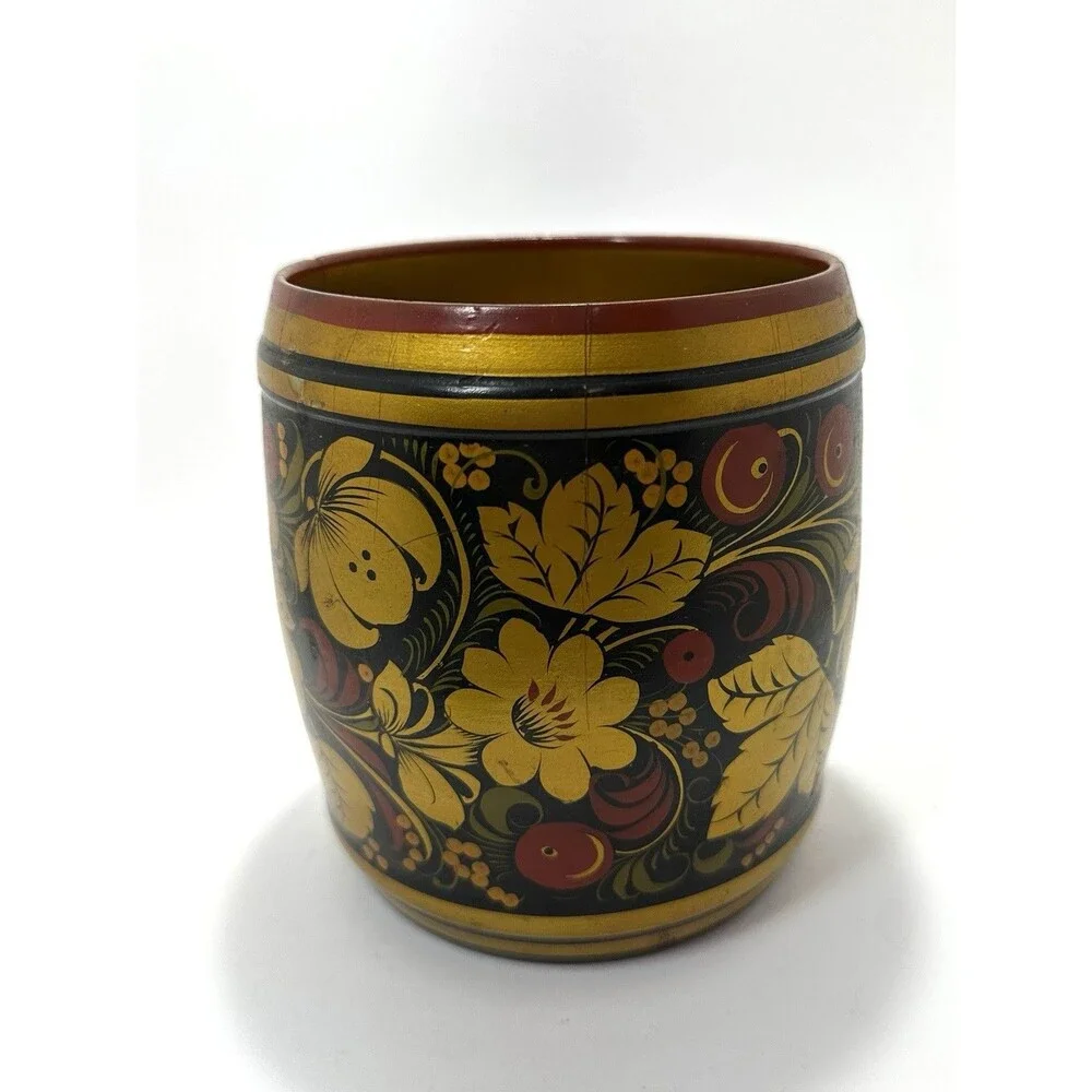 Russian Khokhloma Hand-Painted Lacquered Wood Bowl + Spoon Set Folk Art